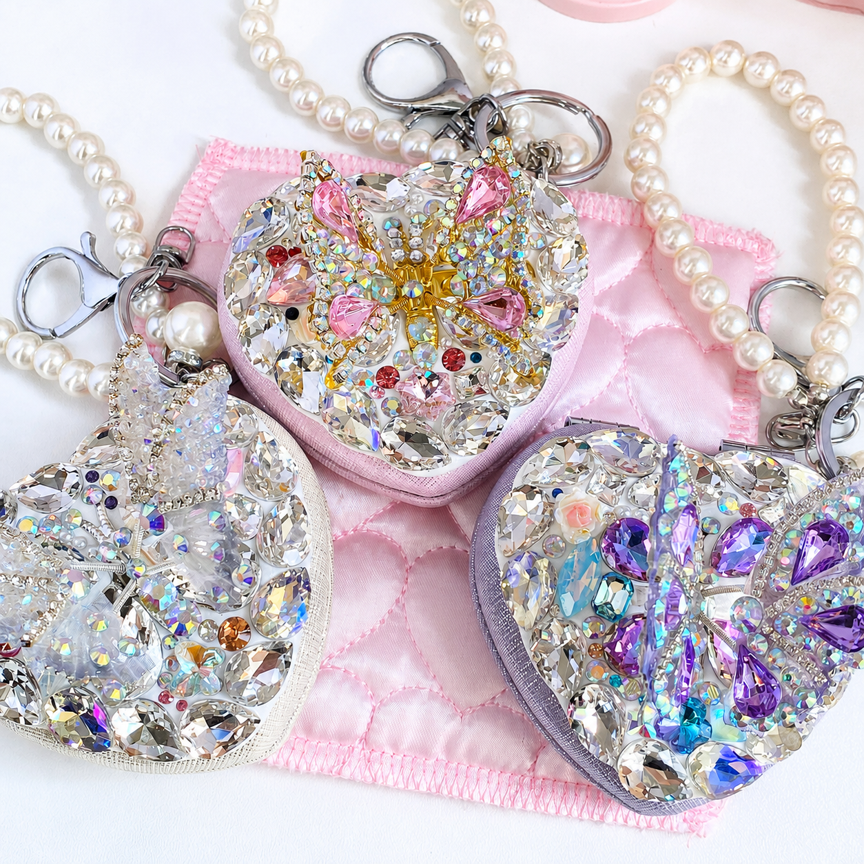 Crystal Butterfly Heart Compact Mirror Keychain & Bag Charm