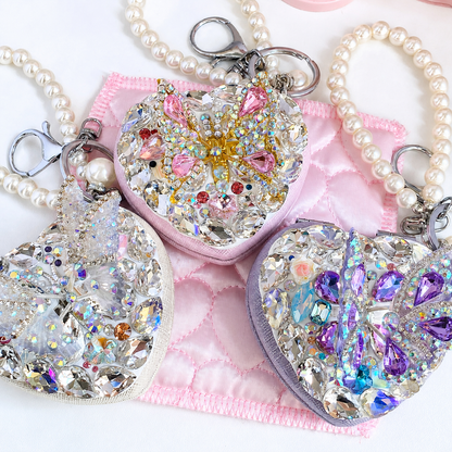 Crystal Butterfly Heart Compact Mirror Keychain & Bag Charm