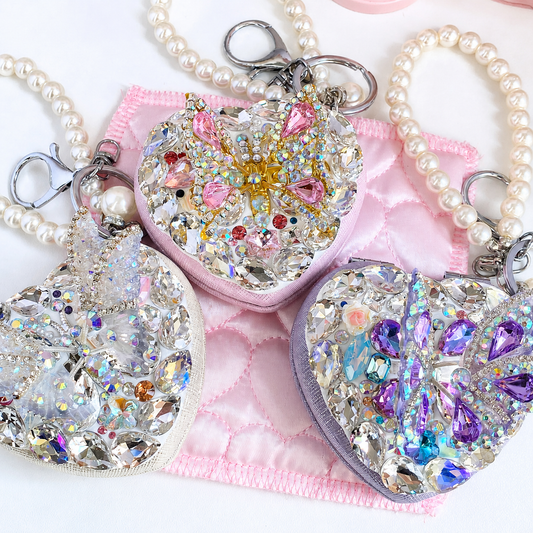 Crystal Butterfly Heart Compact Mirror Keychain & Bag Charm