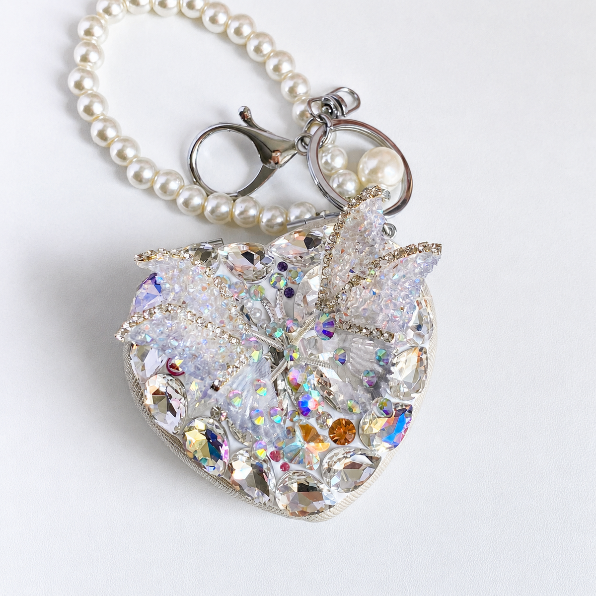 Crystal Butterfly Heart Compact Mirror Keychain & Bag Charm