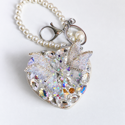 Crystal Butterfly Heart Compact Mirror Keychain & Bag Charm