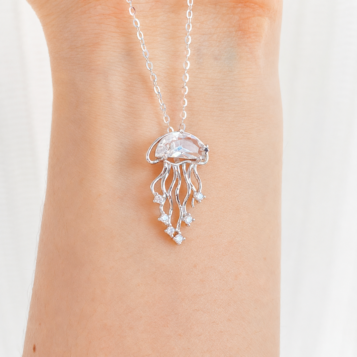 “Crystal Jellyfish” S925 Sterling Silver White Crystal Jellyfish Necklace