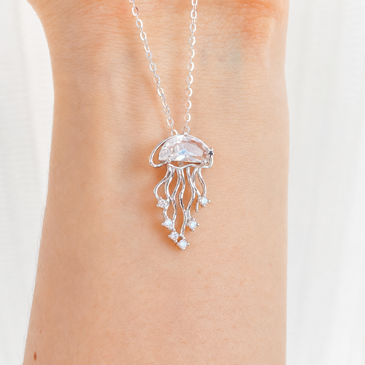“Crystal Jellyfish” S925 Sterling Silver White Crystal Jellyfish Necklace
