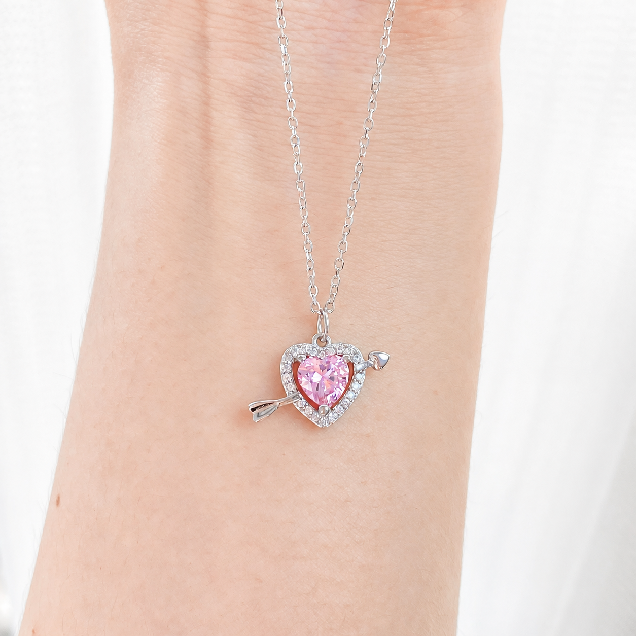 “Cupid’s Arrow” S925 Sterling Silver Pink Heart Necklace