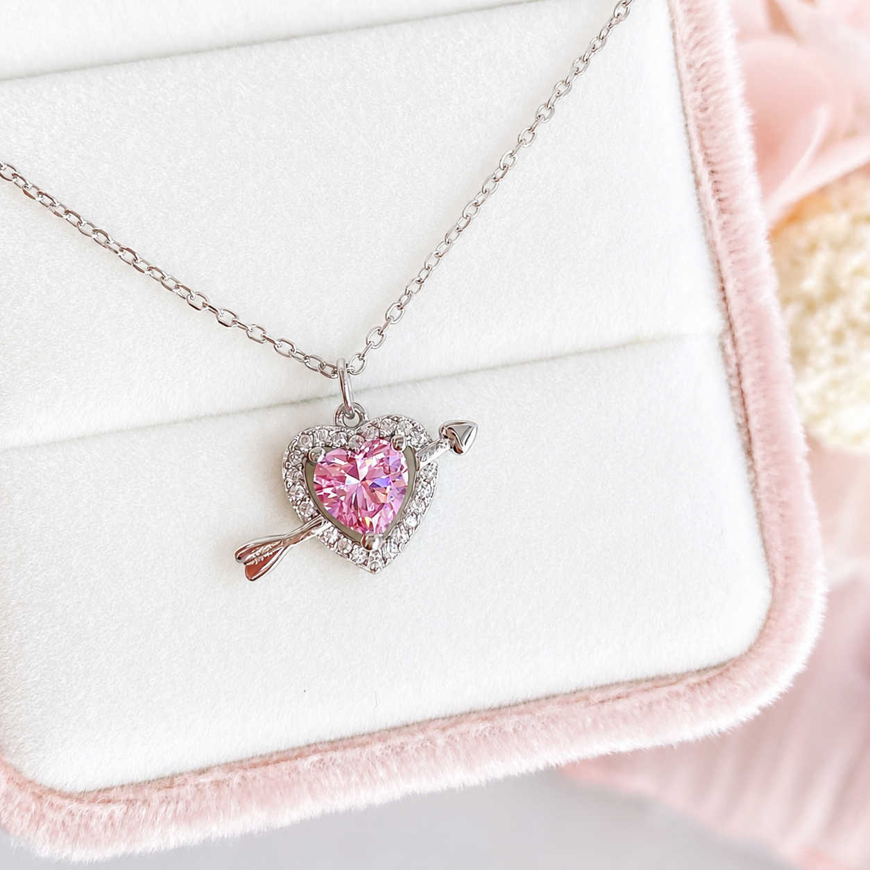 “Cupid’s Arrow” S925 Sterling Silver Pink Heart Necklace