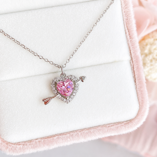 “Cupid’s Arrow” S925 Sterling Silver Pink Heart Necklace