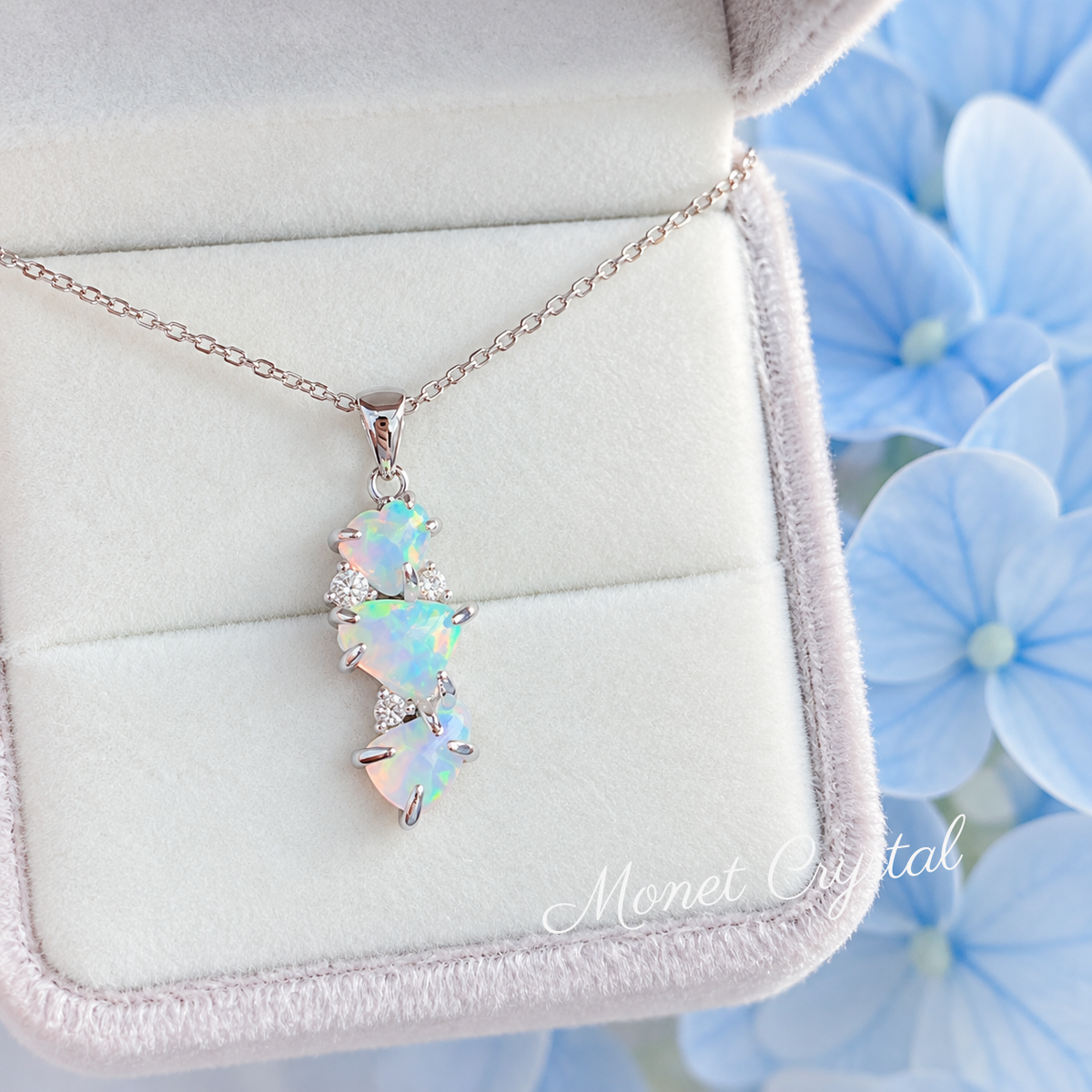 “Echoed Light” White Gold Plated S925 Sterling Silver Opal Heart Necklace