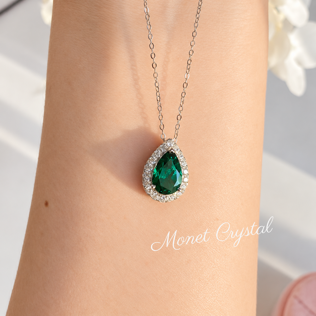 “Emerald Wish” S925 Sterling Silver 1.8CT Lab-Grown Emerald Teardrop Necklace