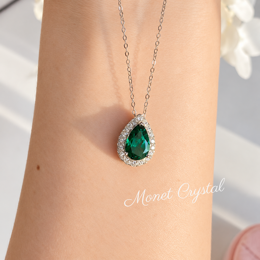 “Emerald Wish” S925 Sterling Silver 1.8CT Lab-Grown Emerald Teardrop Necklace