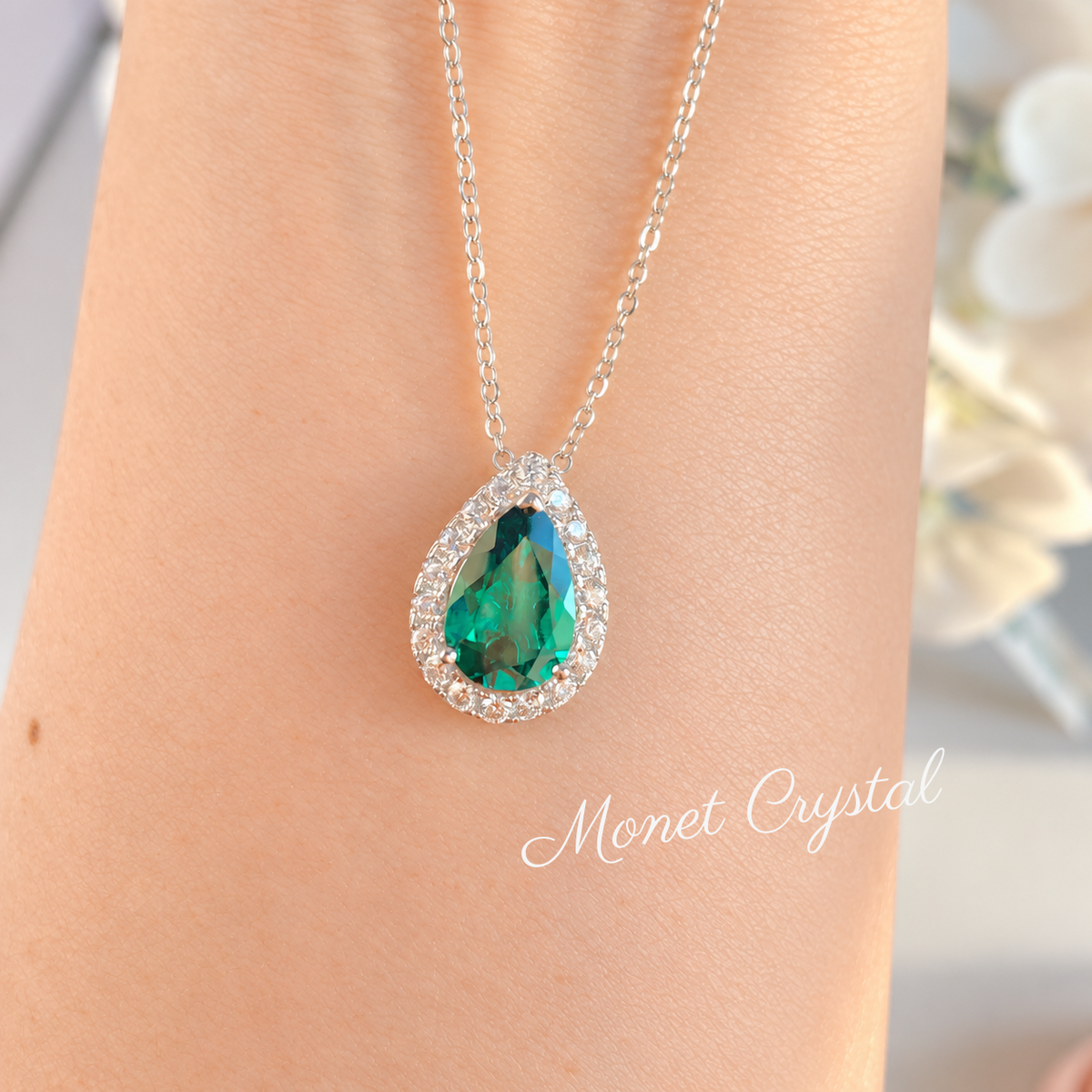 “Emerald Wish” S925 Sterling Silver 1.8CT Lab-Grown Emerald Teardrop Necklace