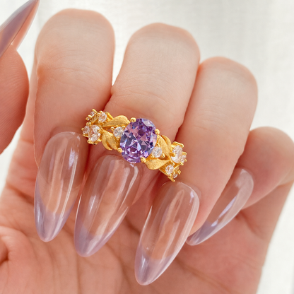 “Evening Bloom” S925 Sterling Silver Purple Zircon Floral Ring