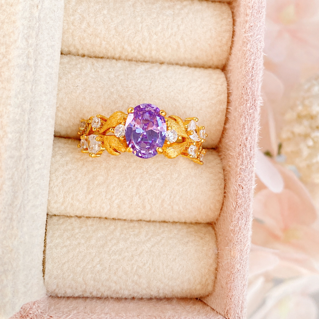 “Evening Bloom” S925 Sterling Silver Purple Zircon Floral Ring
