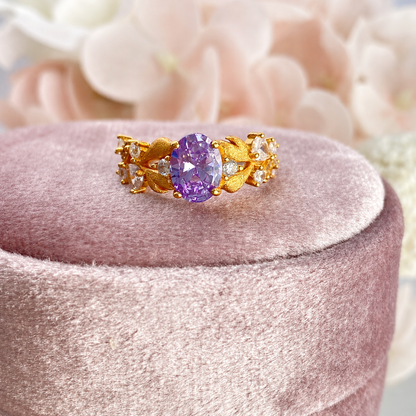 “Evening Bloom” S925 Sterling Silver Purple Zircon Floral Ring