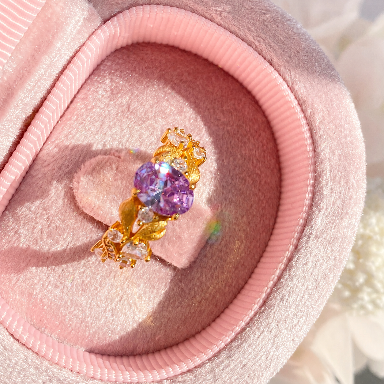 “Evening Bloom” S925 Sterling Silver Purple Zircon Floral Ring