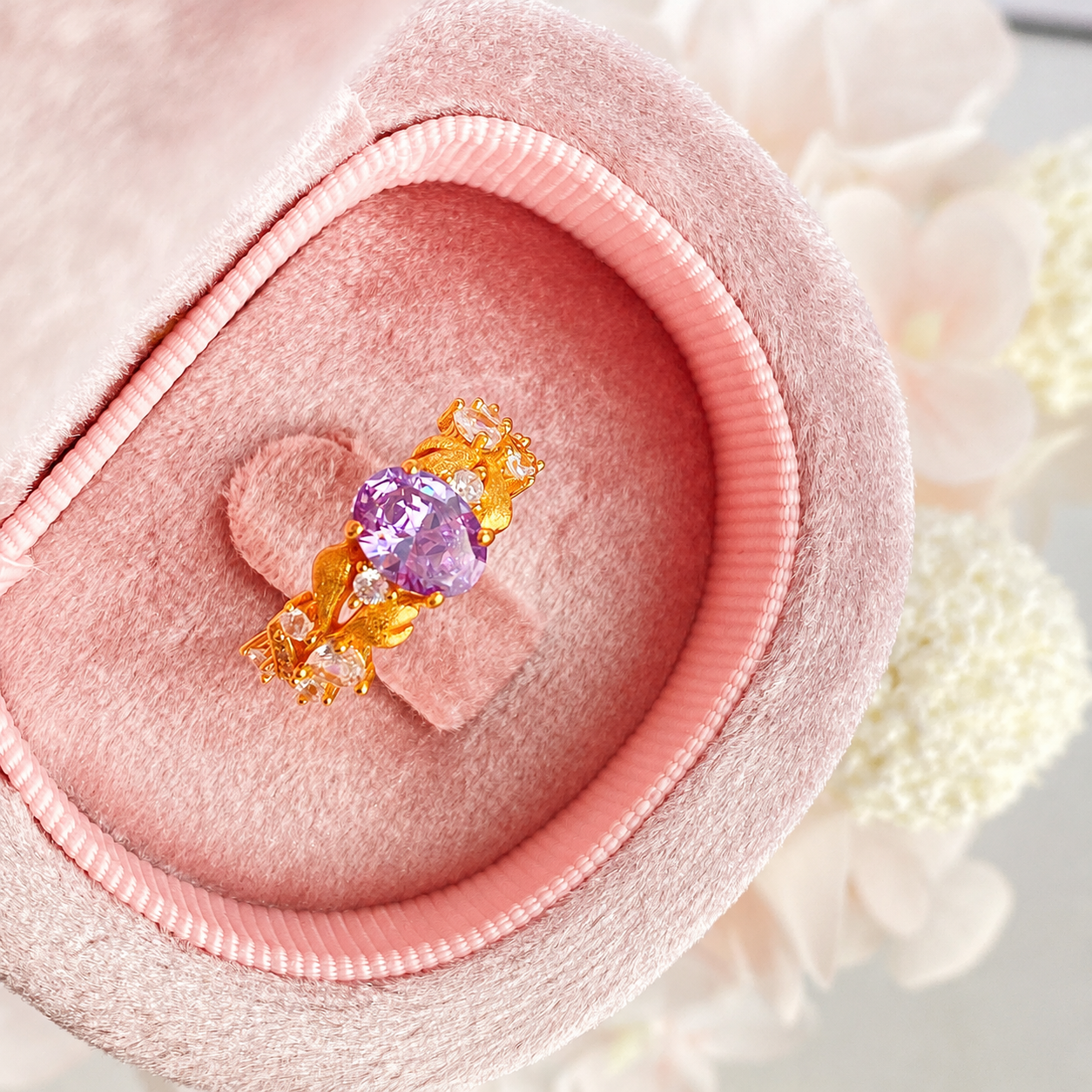 “Evening Bloom” S925 Sterling Silver Purple Zircon Floral Ring