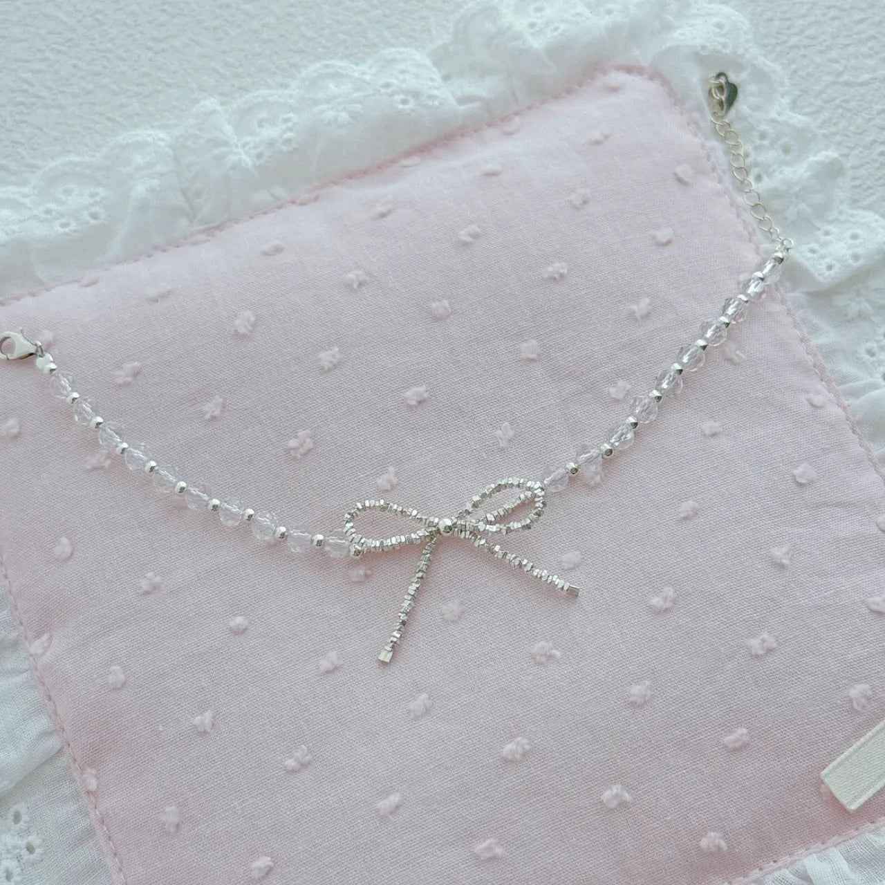 "Sweetheart Bow" 925 Sterling Silver Necklace with Synthetic Crystals - Elegant and Sweet