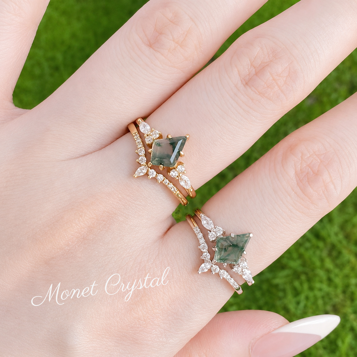 “Evergreen Vow” S925 Sterling Silver Moss Agate Stacking Ring Set