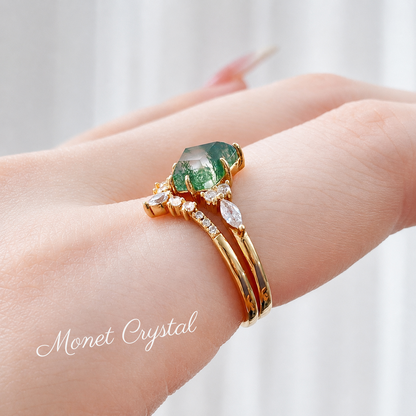 “Evergreen Vow” S925 Sterling Silver Moss Agate Stacking Ring Set