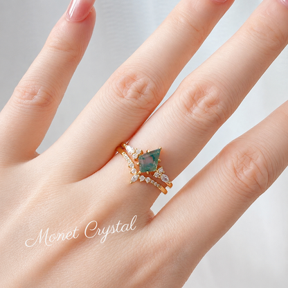 “Evergreen Vow” S925 Sterling Silver Moss Agate Stacking Ring Set