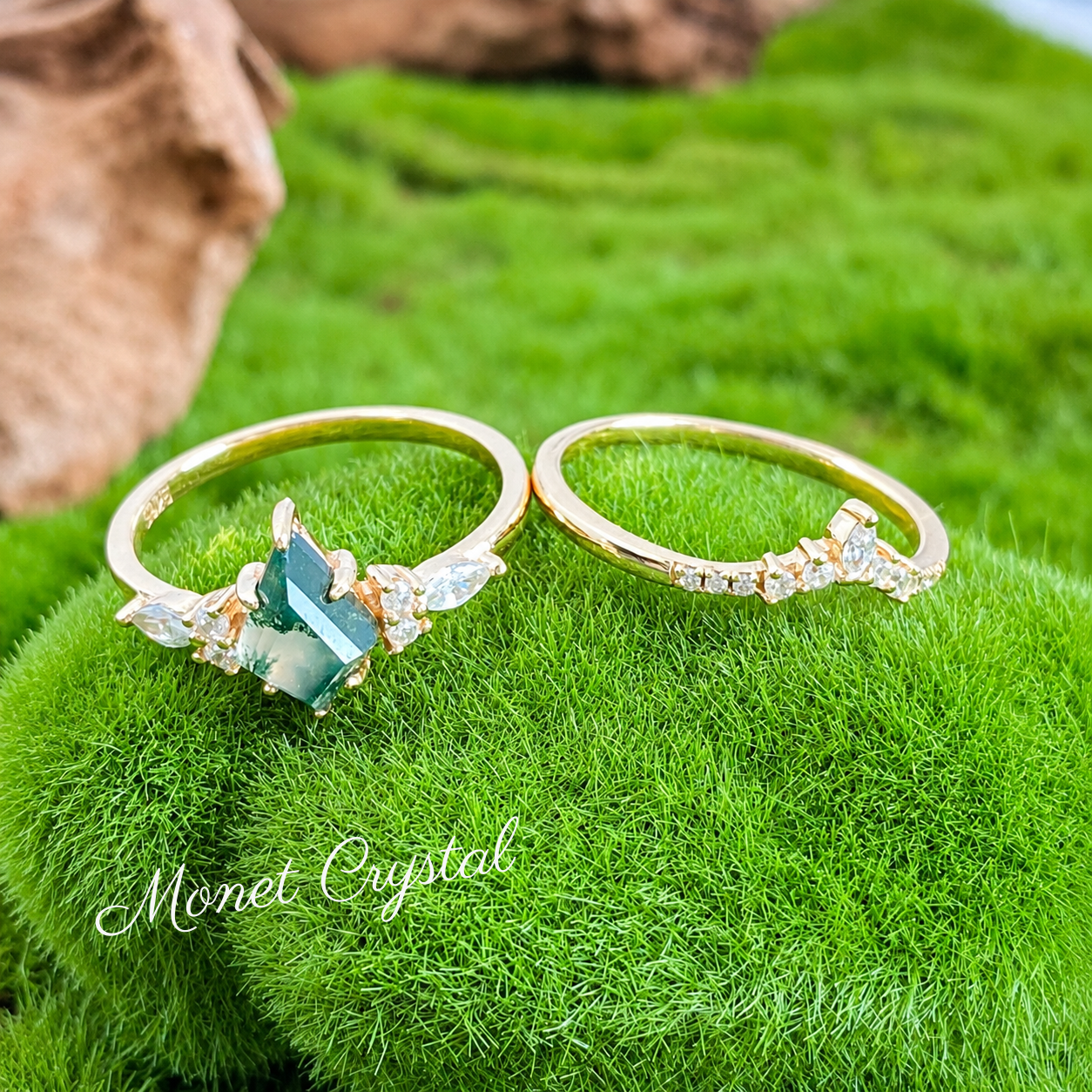 “Evergreen Vow” S925 Sterling Silver Moss Agate Stacking Ring Set