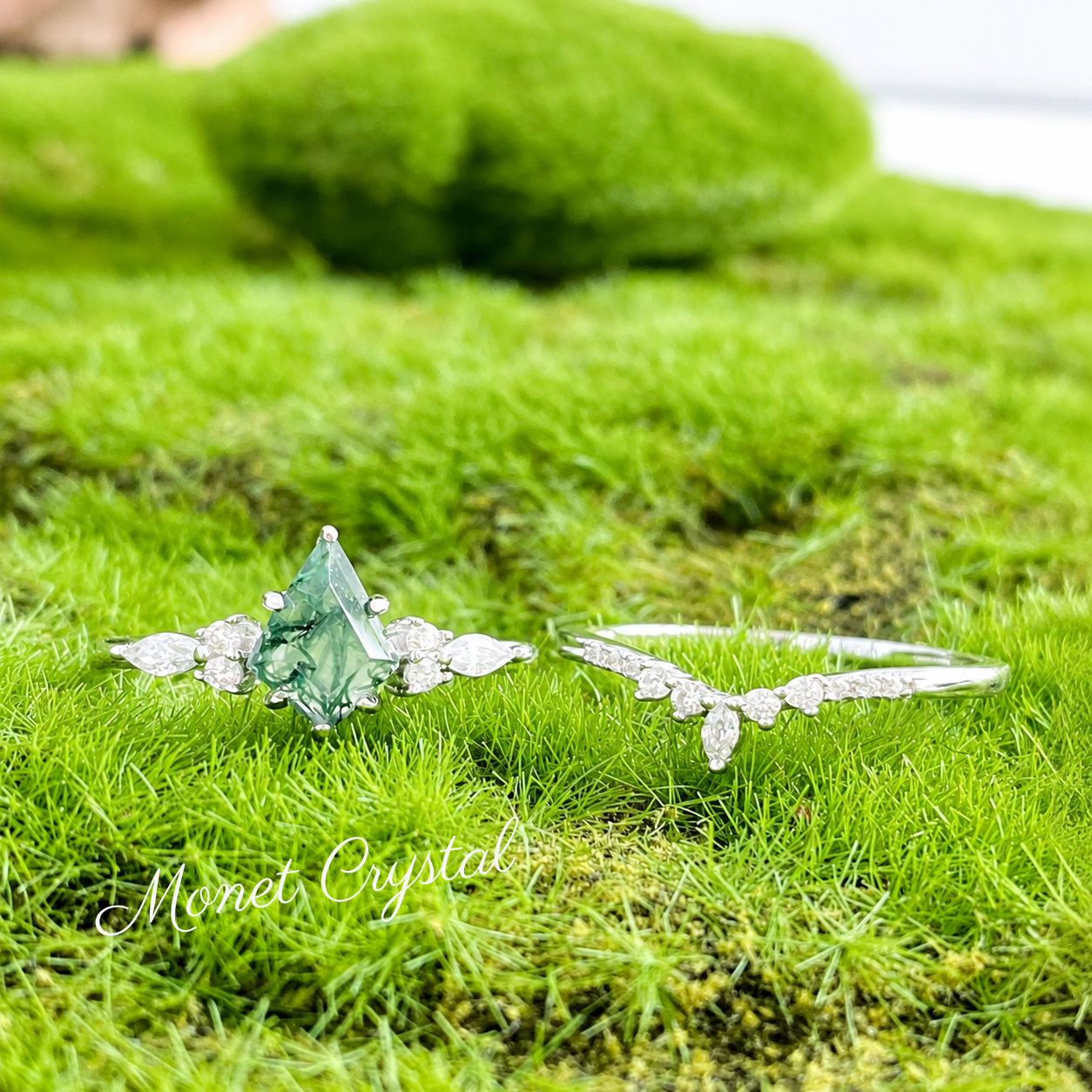 “Evergreen Vow” S925 Sterling Silver Moss Agate Stacking Ring Set