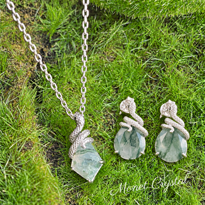 “Serpent Veil” White Gold Plated S925 Sterling Silver Moss Agate Necklace & Earrings Set
