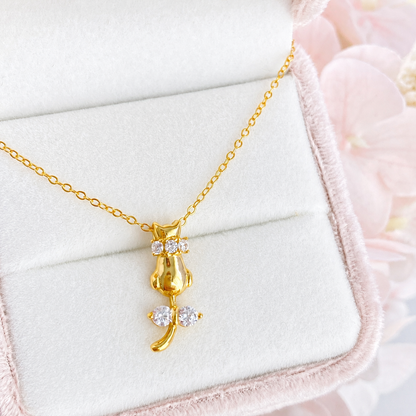 “Feline Charm” Gold Plated S925 Sterling Silver Cat Bow Zircon Necklace