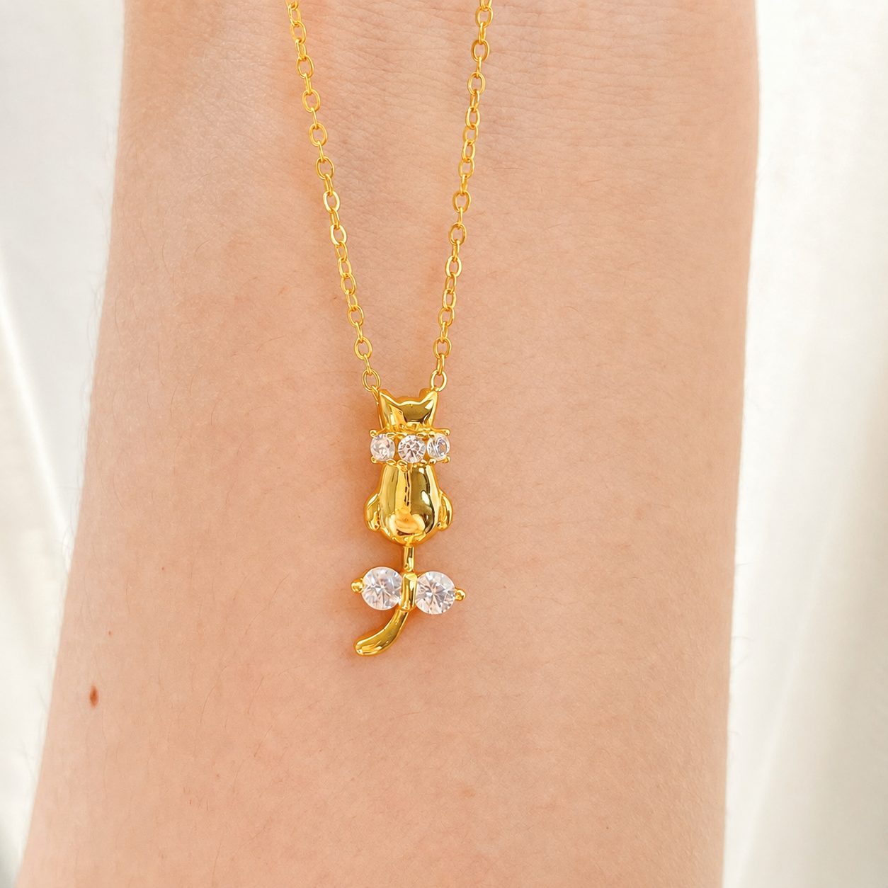 “Feline Charm” Gold Plated S925 Sterling Silver Cat Bow Zircon Necklace