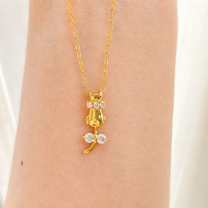 “Feline Charm” Gold Plated S925 Sterling Silver Cat Bow Zircon Necklace
