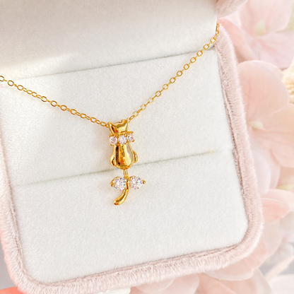 “Feline Charm” Gold Plated S925 Sterling Silver Cat Bow Zircon Necklace