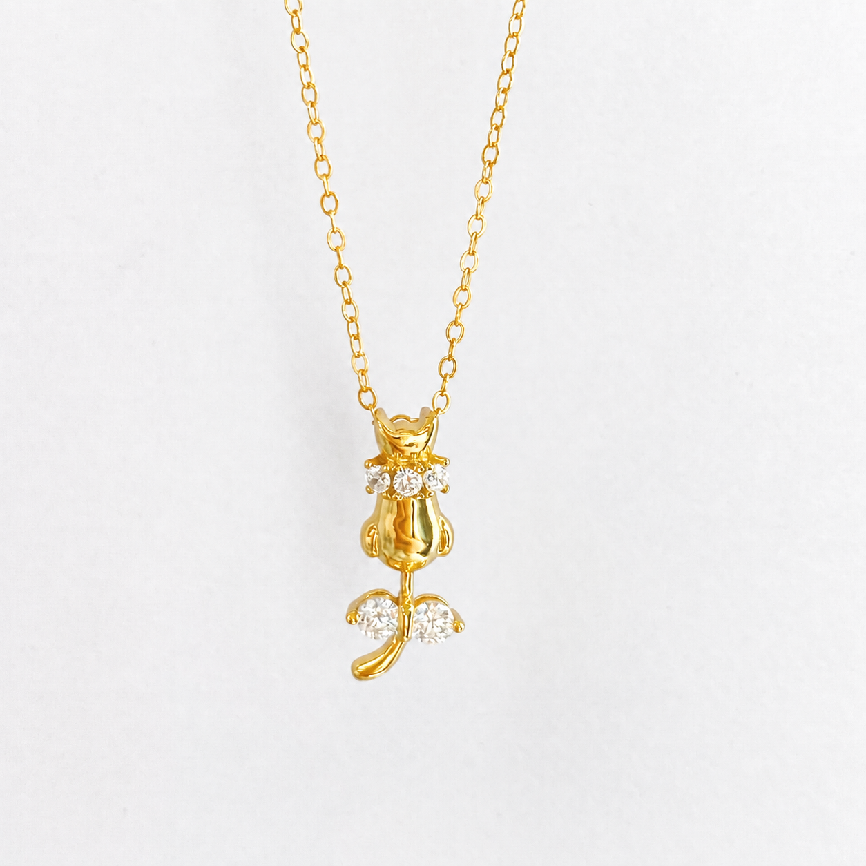 “Feline Charm” Gold Plated S925 Sterling Silver Cat Bow Zircon Necklace