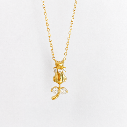 “Feline Charm” Gold Plated S925 Sterling Silver Cat Bow Zircon Necklace