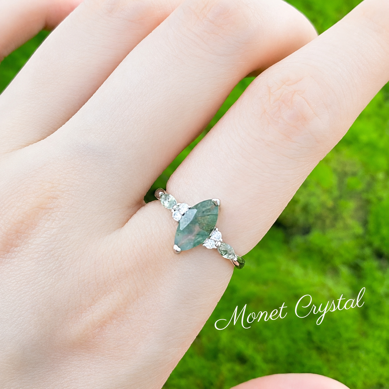 “Fern Keepsake” White Gold Plated S925 Sterling Silver Moss Agate Marquise Ring