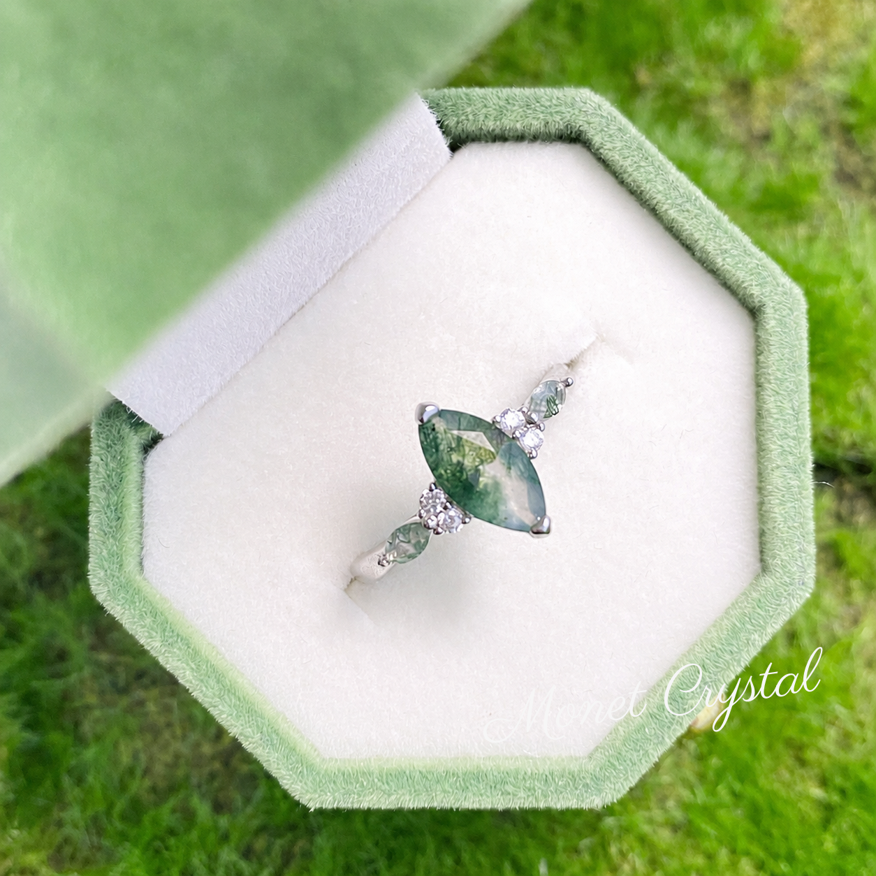 “Fern Keepsake” White Gold Plated S925 Sterling Silver Moss Agate Marquise Ring