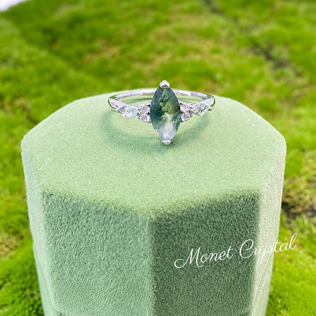 “Fern Keepsake” White Gold Plated S925 Sterling Silver Moss Agate Marquise Ring