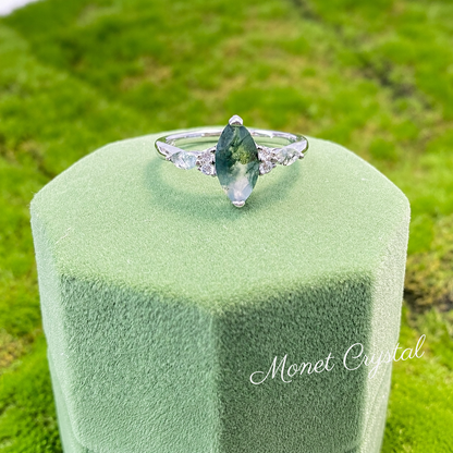“Fern Keepsake” White Gold Plated S925 Sterling Silver Moss Agate Marquise Ring