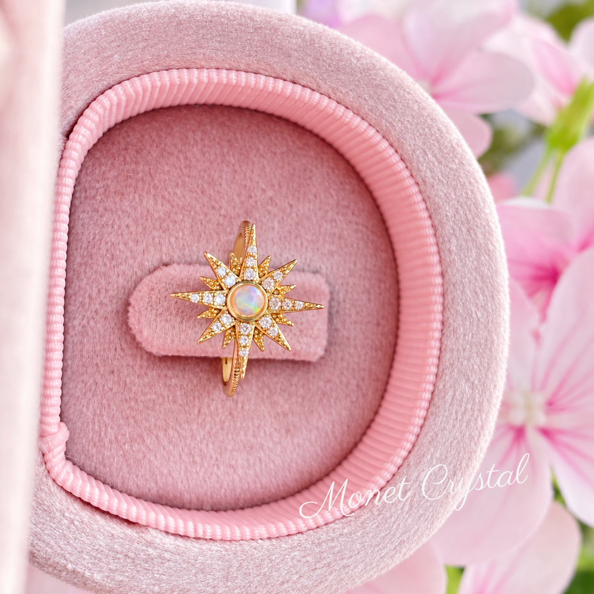 “First Light” 9K Gold Plated S925 Sterling Silver Natural Opal Sun Ring
