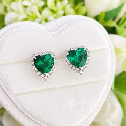 “First Love” S925 Sterling Silver Green Heart Stud Earrings