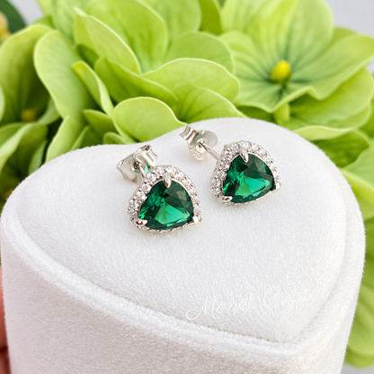 “First Love” S925 Sterling Silver Green Heart Stud Earrings