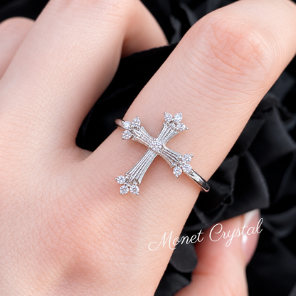 “Fleur Cross” White Gold Plated Brass Zircon Adjustable Ring