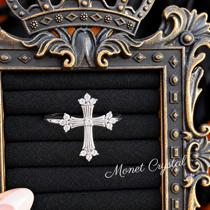 “Fleur Cross” White Gold Plated Brass Zircon Adjustable Ring