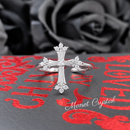 “Fleur Cross” White Gold Plated Brass Zircon Adjustable Ring
