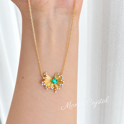 “Florentine Fan” 10K Gold Plated S925 Sterling Silver Lab-Grown Emerald Necklace