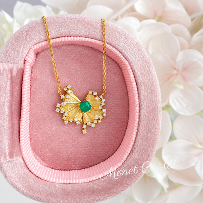 “Florentine Fan” 10K Gold Plated S925 Sterling Silver Lab-Grown Emerald Necklace