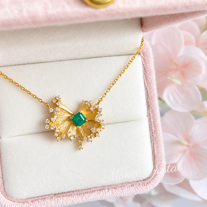 “Florentine Fan” 10K Gold Plated S925 Sterling Silver Lab-Grown Emerald Necklace