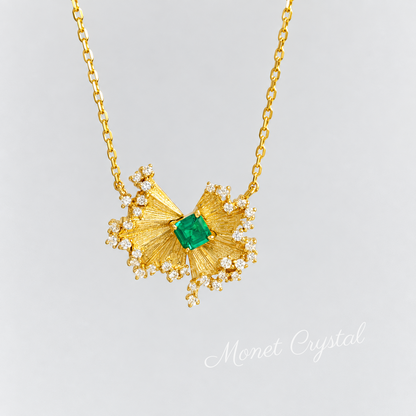 “Florentine Fan” 10K Gold Plated S925 Sterling Silver Lab-Grown Emerald Necklace