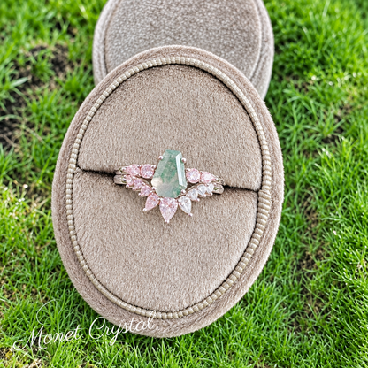 “Forest Heirloom” White Gold Plated S925 Sterling Silver Moss Agate Stacking Ring Set