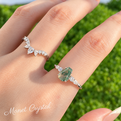 “Forest Heirloom” White Gold Plated S925 Sterling Silver Moss Agate Stacking Ring Set