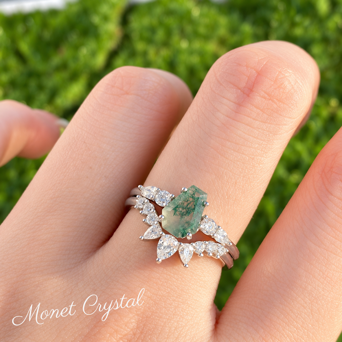 “Forest Heirloom” White Gold Plated S925 Sterling Silver Moss Agate Stacking Ring Set