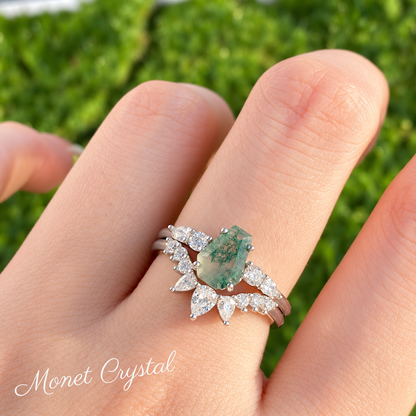 “Forest Heirloom” White Gold Plated S925 Sterling Silver Moss Agate Stacking Ring Set